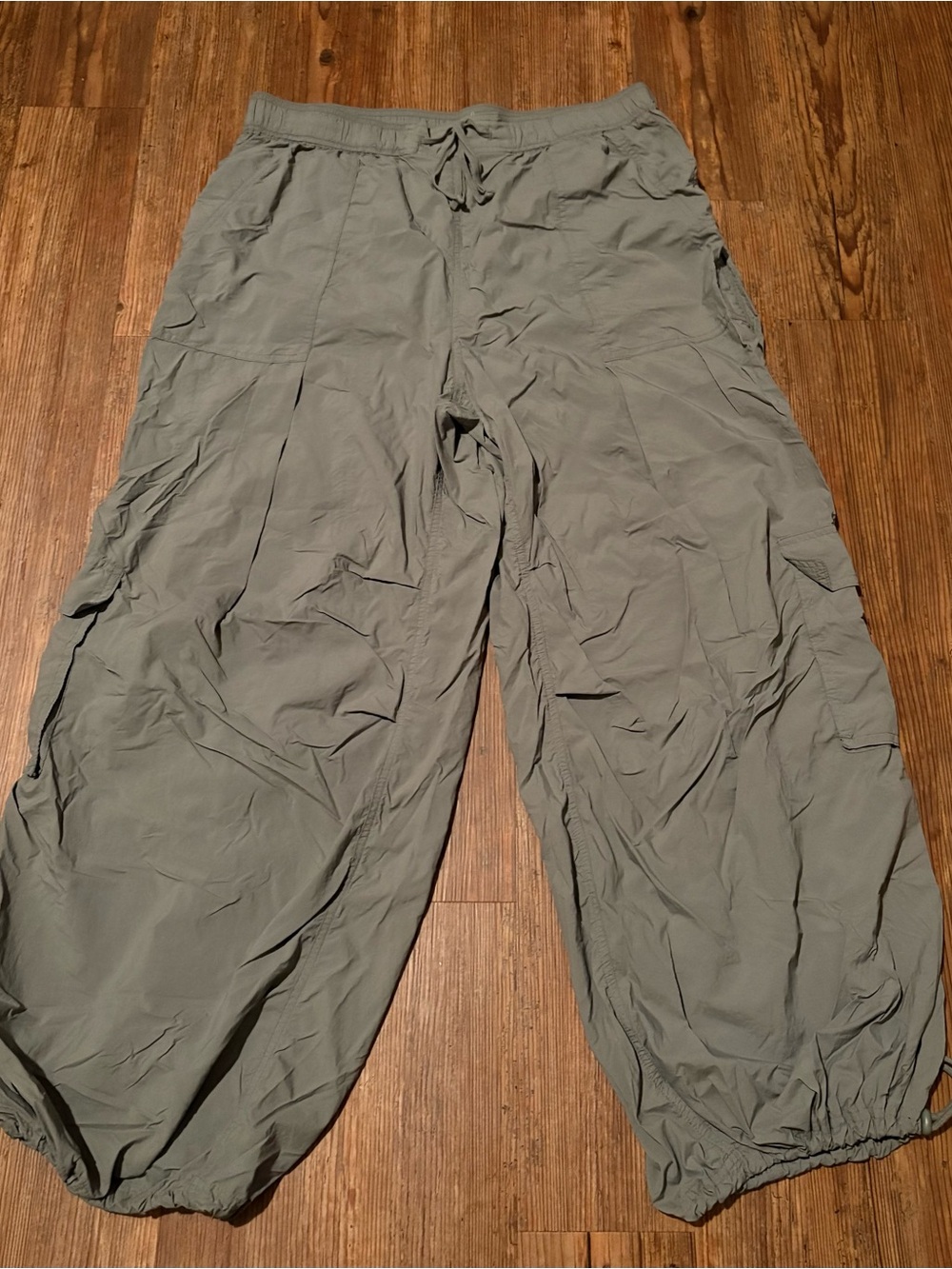 Anthro Sage Green Wide-Leg Cargo Pants with Drawstring Ankles - Picture 2 of 3